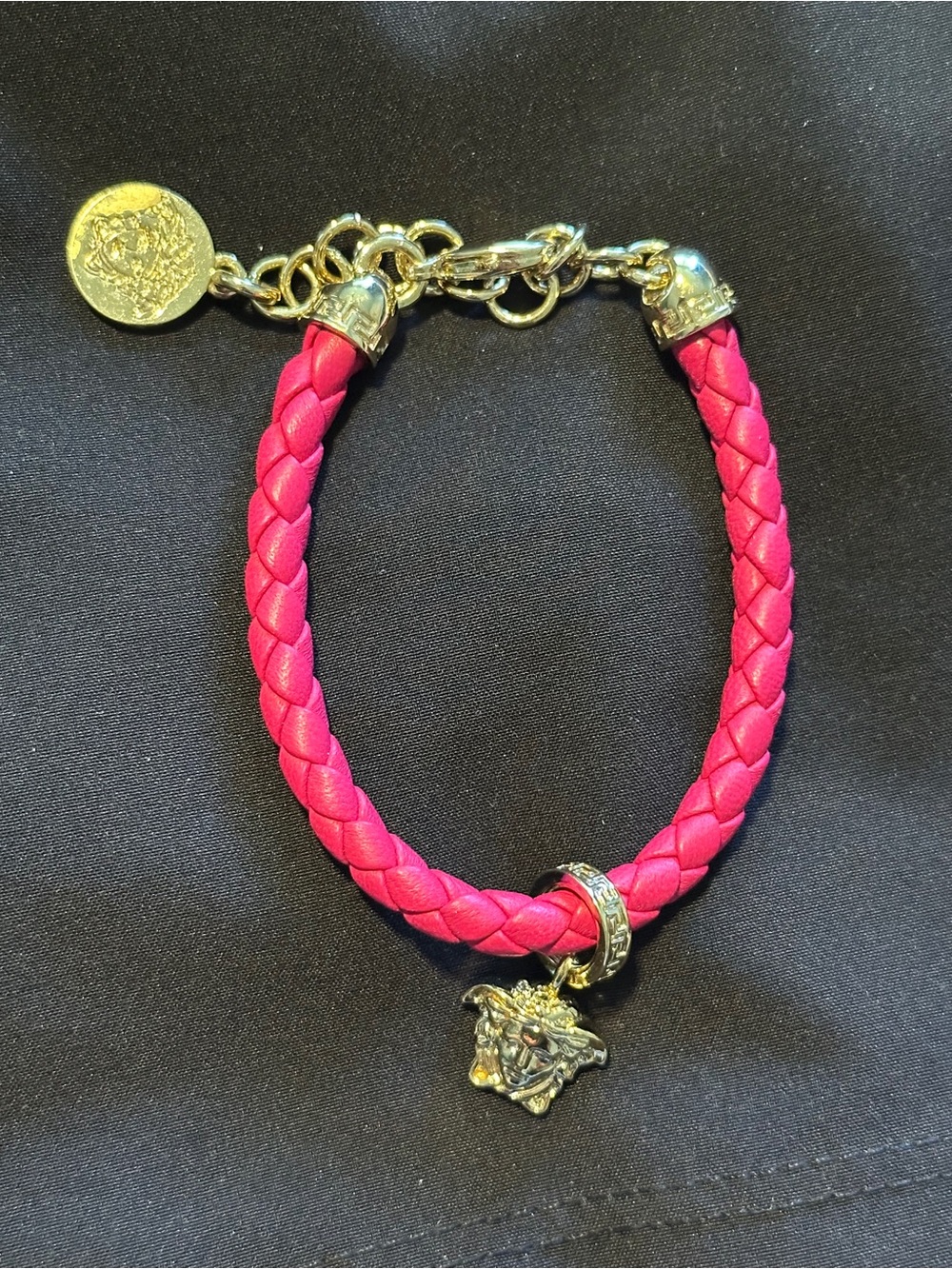 Versace Pink Braided Leather Bracelet with Gold Medusa Charm